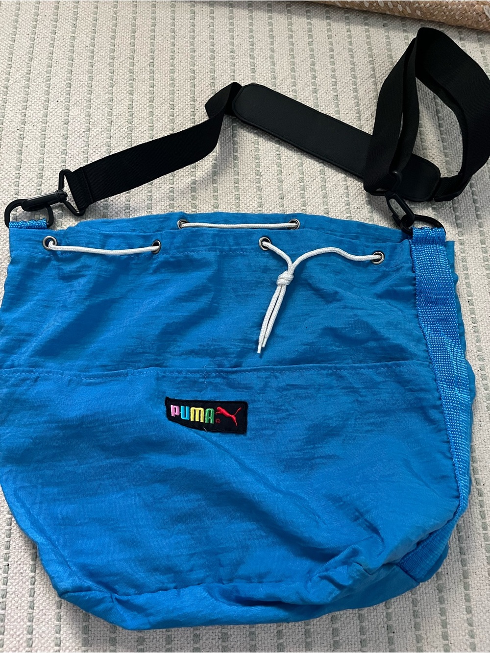 Vintage Puma Bright Blue Nylon knapsack bag with Multicolor Logo